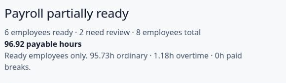 Payments example showing six ready workers and two needing review